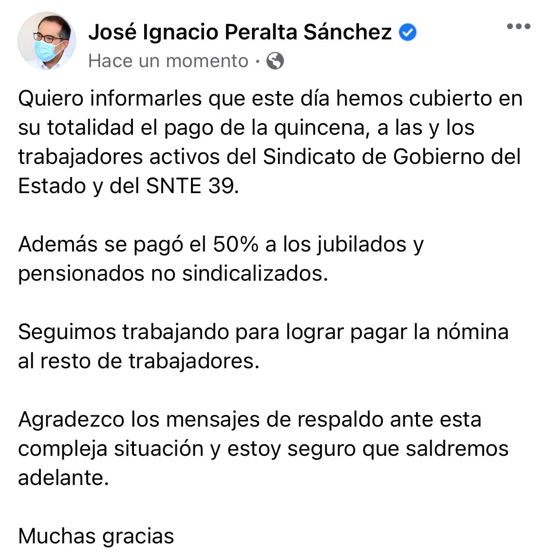 Gobernador de Colima anuncia el pago total de la quincena faltante a trabajadores en activo y del SNTE 39