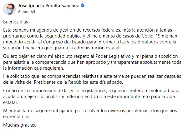 Gobernador no acudirá a comparecencia en el Congreso, pide sea después de la visita de AMLO