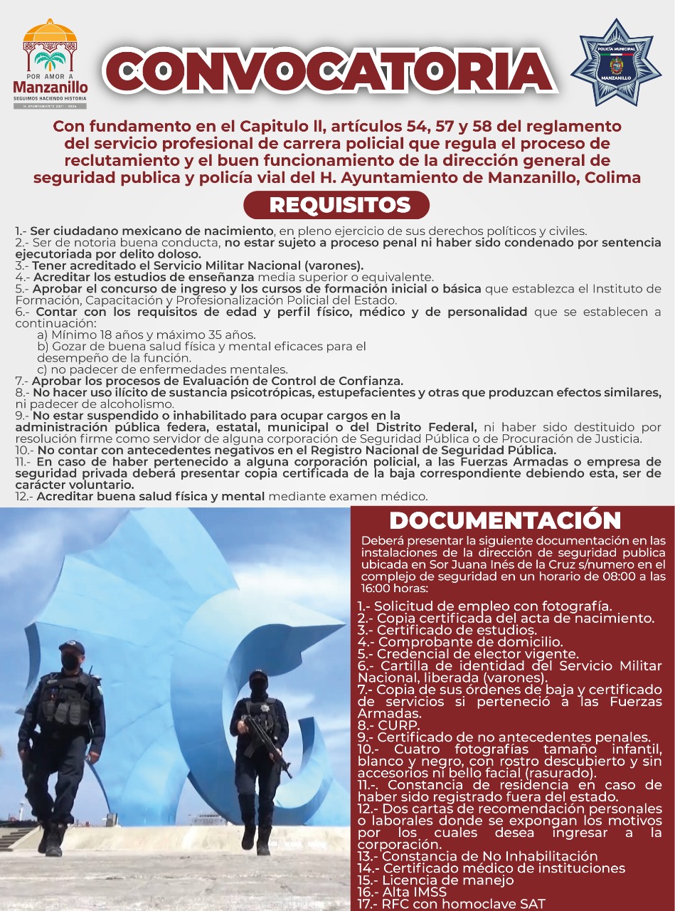 Convoca Ayuntamiento de Manzanillo a mujeres y hombres a ser parte de la Corporación de Seguridad Pública y Policía Vial