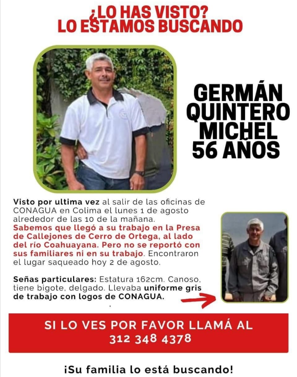 Todas las instituciones de la Mesa de Paz y Seguridad de Colima participan en la búsqueda del trabajador de Conagua, Germán Quintero