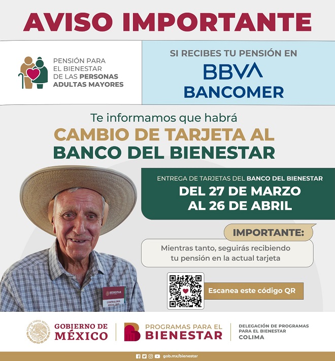 En Colima, cerca de 19 mil adultos mayores cambiarán tarjeta BBVA Bancomer por la del Banco del Bienestar