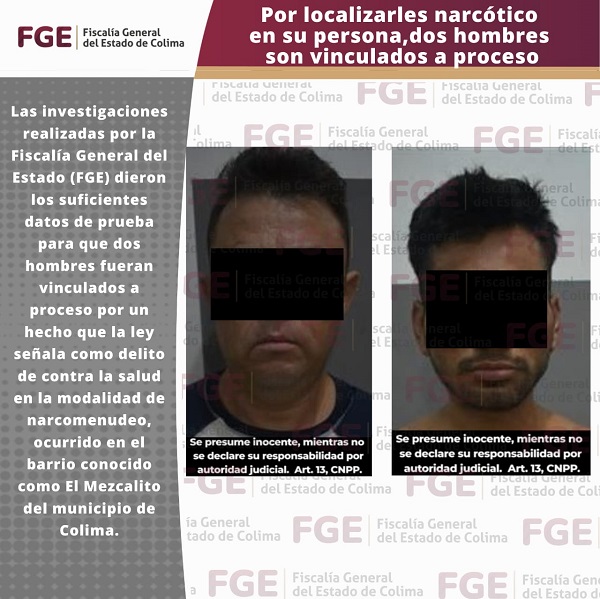 Por localizarles narcótico en su persona, dos hombres son vinculados a proceso