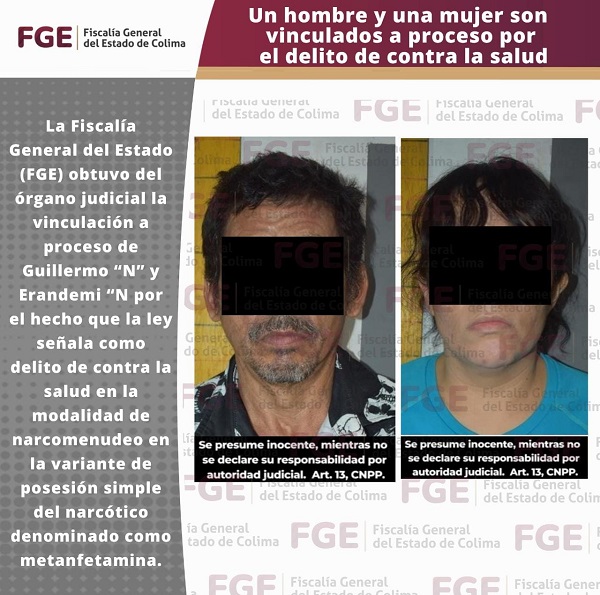 Un hombre y una mujer son vinculados a proceso por el delito de contra la salud