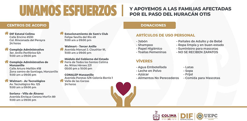 DIF Estatal Colima invita a donar en Centros de Acopio para ayudar a familias afectadas por ‘Otis’ en Guerrero