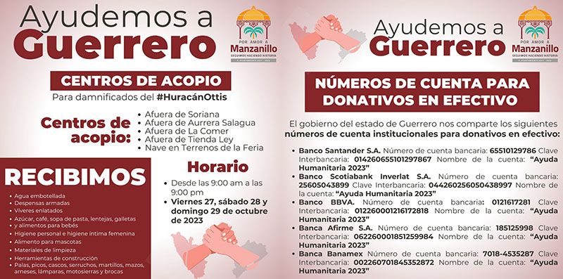 Ayuntamiento de Manzanillo abre centros de acopio para apoyar a las familias damnificadas de Guerrero