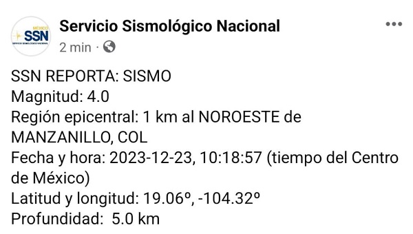 UEPC informa sobre leve sismo perceptible en algunas zonas de Colima