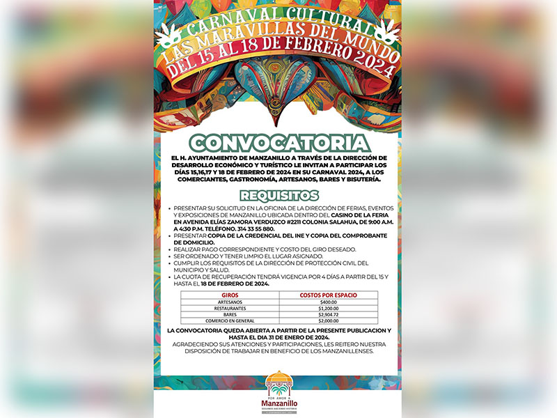 El Ayuntamiento de Manzanillo abre convocatoria para que giros comerciales participen en Carnaval