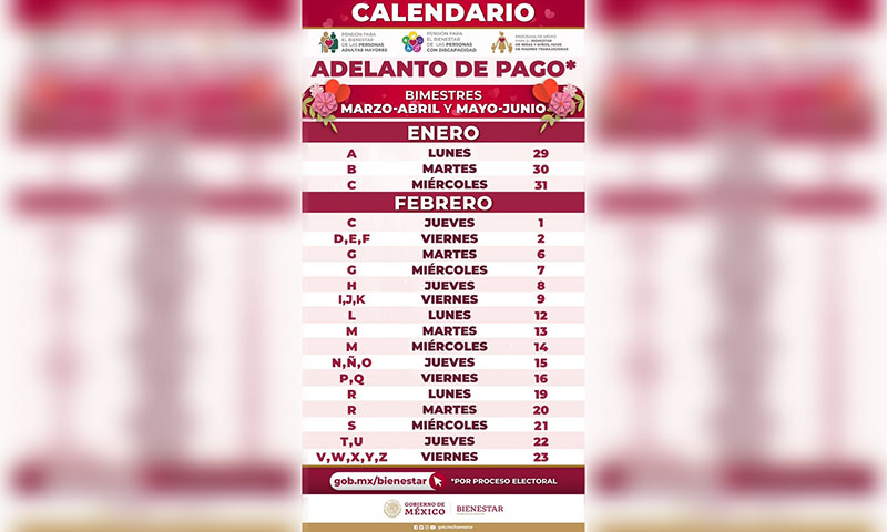 Del 29 de enero al 23 de febrero se realiza el pago adelantado de Pensiones y Programas de Bienestar