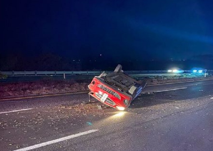 Conductor choca con dos vacas y vuelca el vehículo, en la autopista GDL-Colima a la altura de Cuauhtémoc