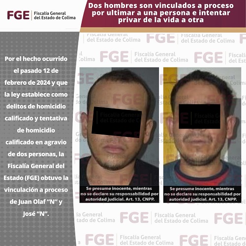 Dos hombres son vinculados a proceso por ultimar a una persona e intentar privar de la vida a otra