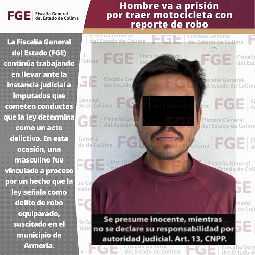 Hombre va a prisión por traer motocicleta con reporte de robo