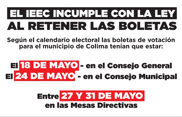 Morena Colima exige al IEE que ya envíe boletas electorales al consejo municipal de Colima