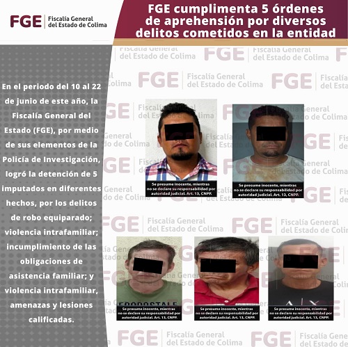FGE cumplimenta 5 órdenes de aprehensión por diversos delitos cometidos en la entidad