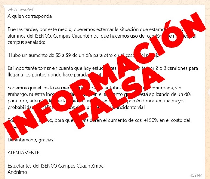 Es falso que aumentó la tarifa de ruta escolar al Isenco: Subsemov