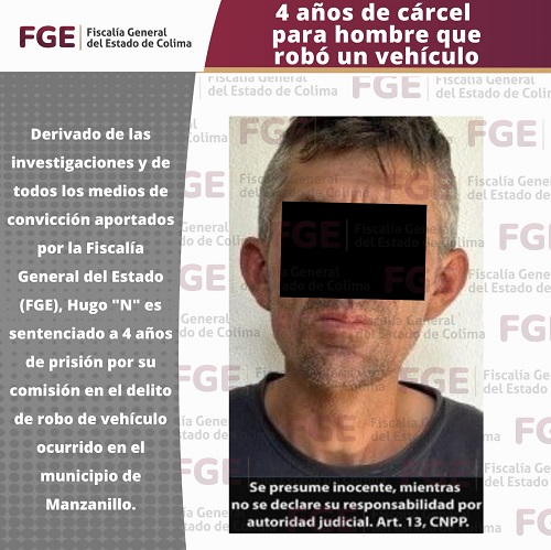 Cuatro años de cárcel para hombre que robó un vehículo