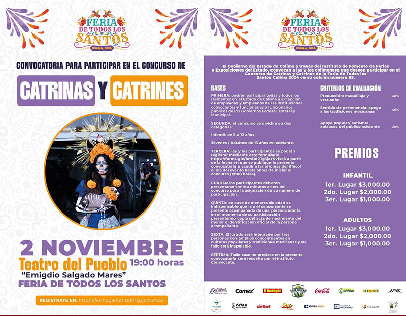 Iffecol invita al concurso de Catrinas y Catrines en la Feria de Colima; hay 12 mil pesos en premios