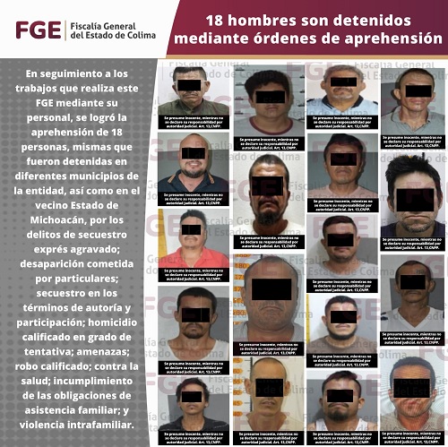 18 hombres son detenidos mediante órdenes de aprehensión