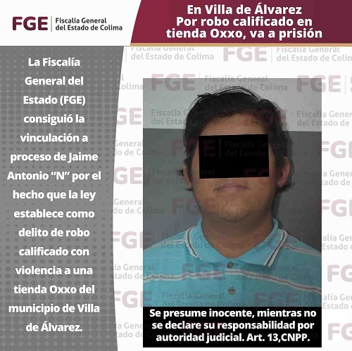 En Villa de Álvarez, por robo calificado en tienda Oxxo, va a prisión