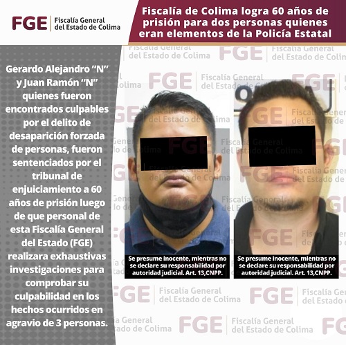 Fiscalía de Colima logra 60 años de prisión para dos personas quienes eran elementos de la Policía Estatal