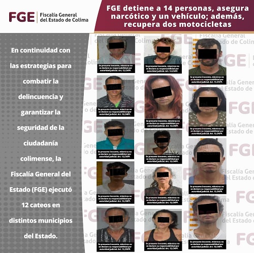FGE detiene a 14 personas, asegura narcótico y un vehículo; además, recupera dos motocicletas