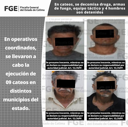 En cateos, se decomisa droga, armas de fuego, equipo táctico y cuatro hombres son detenidos