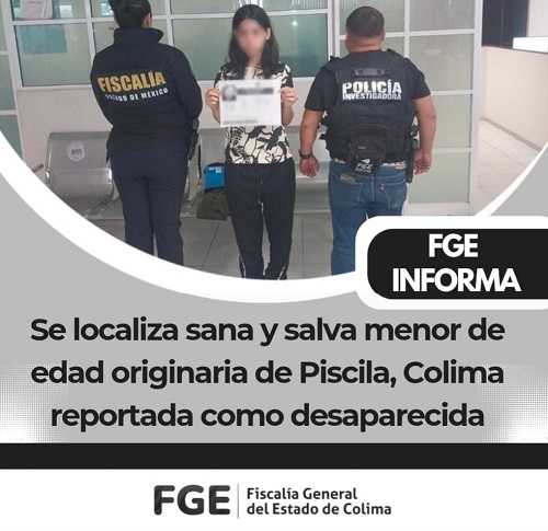Se localiza sana y salva menor originaria de Piscila, Colima, reportada como desaparecida