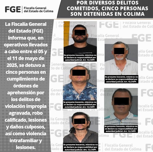 Por diversos delitos cometidos, cinco personas son detenidas en Colima