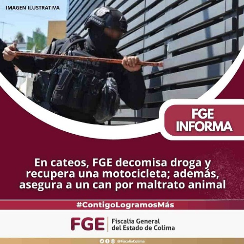En cateos, FGE decomisa droga y recupera una motocicleta; además, asegura a un can por maltrato animal