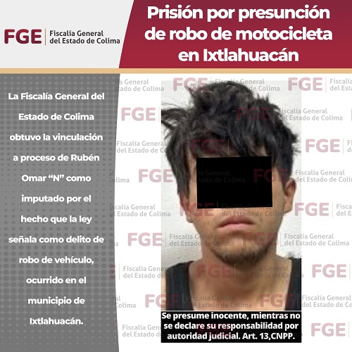 Prisión por presunción de robo de motocicleta en Ixtlahuacán