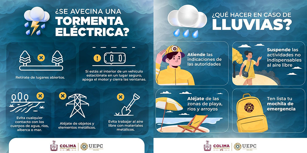UEPC recomienda estar alertas, pues SMN pronostica chubascos y tormenta eléctrica en el estado de Colima