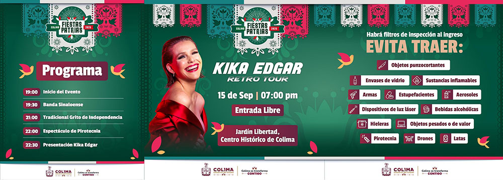 Gobierno del Estado de Colima invita al Grito y concierto gratuito de Kika Edgar; emite recomendaciones para asistir