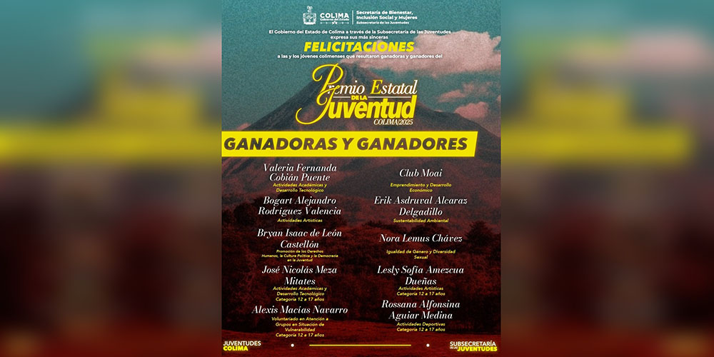 Anuncia Subsejuv las y los ganadores del Premio Estatal de la Juventud Colima 2025