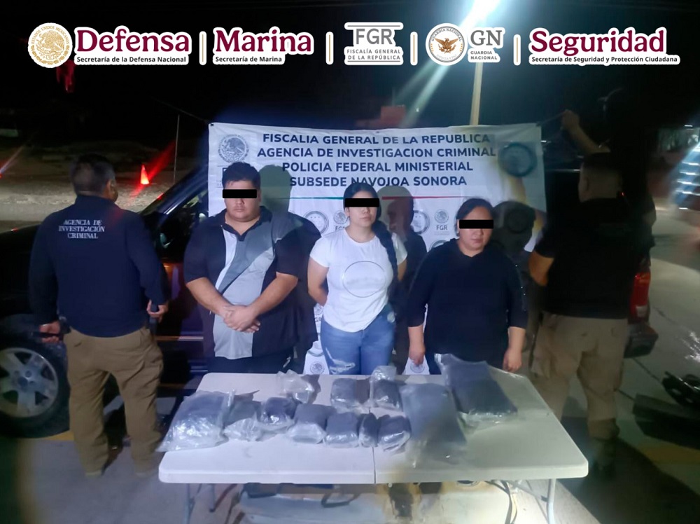Tres personas que transportaban más de 30 kilos de heroína fueron detenidas en Sonora