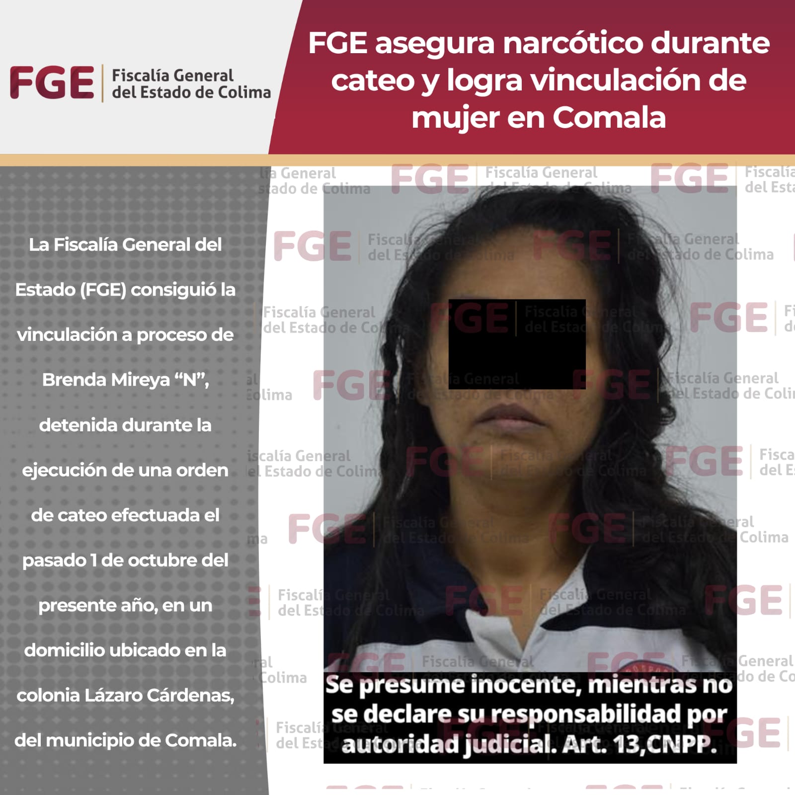 FGE asegura narcótico durante cateo y logra vinculación de mujer en Comala