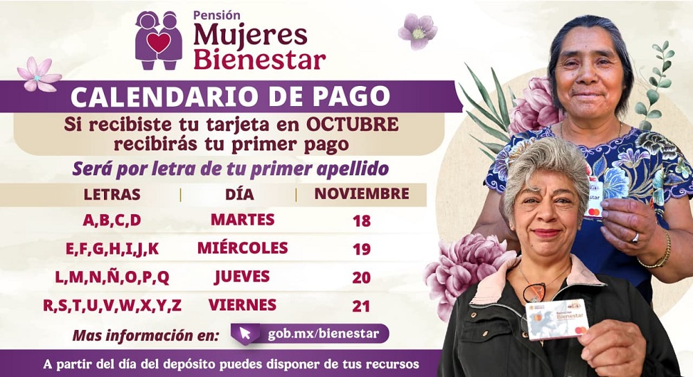 Gobierno de México: Del 18 al 21 de noviembre inicia pago a nuevas beneficiarias de la Pensión  Mujeres Bienestar
