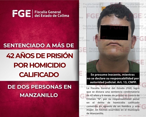Sentenciado a más de 42 años de prisión por homicidio calificado de dos personas en Manzanillo