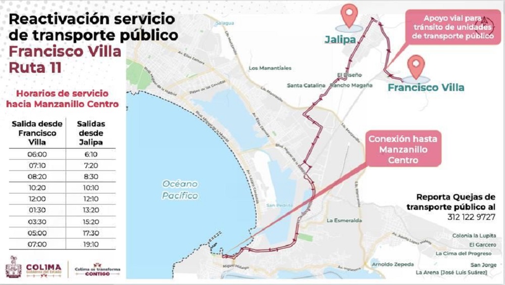 Subsemov realiza acciones para restablecer regularidad y operatividad de la ruta 11 en Manzanillo