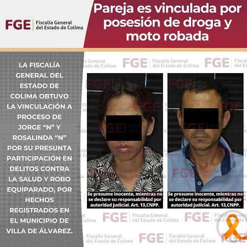 Pareja es vinculada por posesión de droga y moto robada