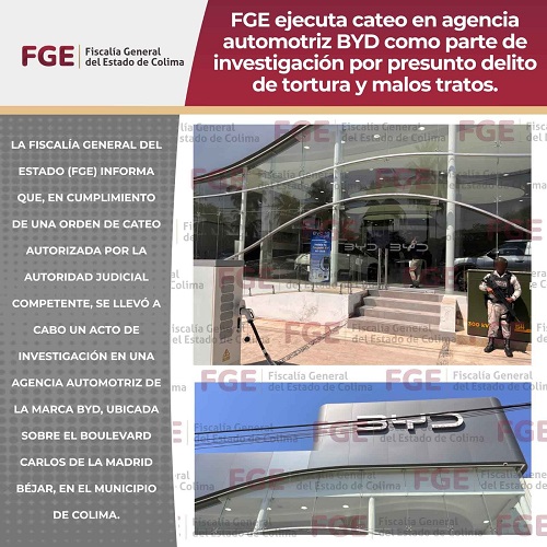 FGE ejecuta cateo en agencia automotriz BYD como parte de investigación por presunto delito de tortura y malos tratos