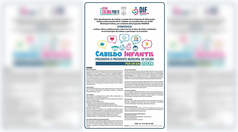 Cabildo infantil 2026: Colima convoca a niñas, niños y adolescentes a ocupar el Ayuntamiento por un día