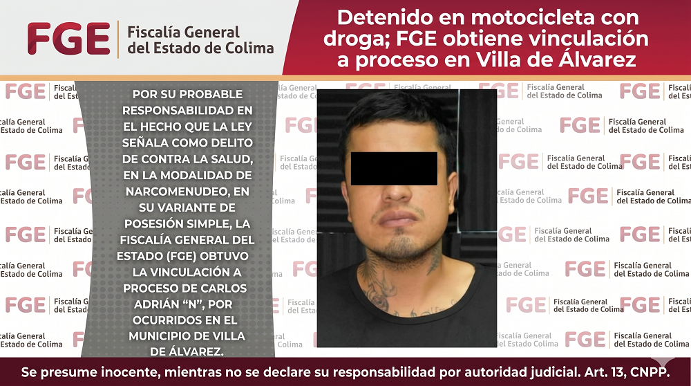 Detenido en motocicleta con droga; FGE obtiene vinculación a proceso en Villa de Álvarez