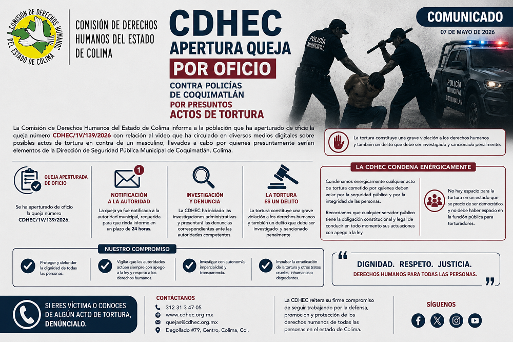 Apertura CDHEC queja por oficio contra policías de Coquimatlán por presuntos actos de tortura