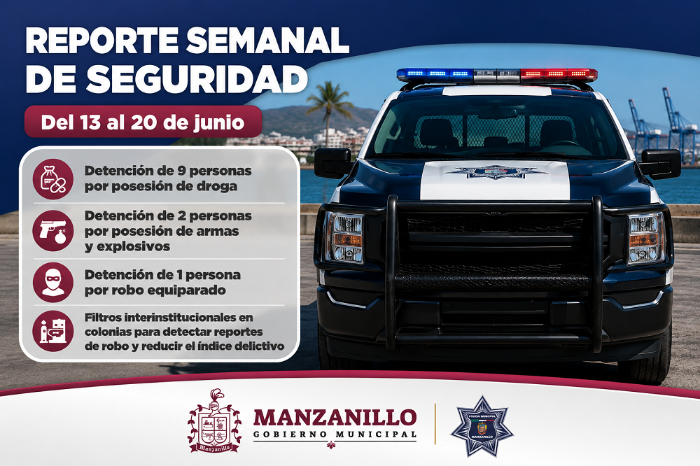 Manzanillo refuerza acciones de seguridad; reporta 12 detenciones en una semana