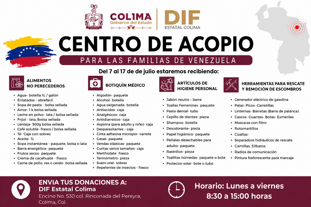 Gobierno del Estado de Colima abrió centro de acopio para apoyar a familias damnificadas en Venezuela