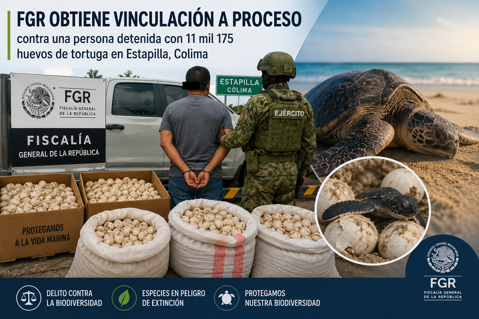 FGR obtiene vinculación a proceso contra una persona detenida con 11 mil 175 huevos de tortuga en Estapilla, Colima